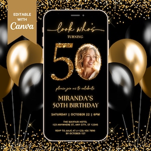 50th Birthday Digital Invitation TEMPLATE Black and Gold, Look Who's 50 Evite, Photo 50th Birthday Evite, Male or Female, Canva Template