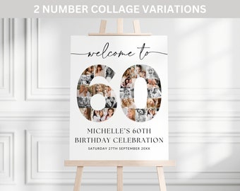 60th Birthday Photo Collage Poster TEMPLATE, Welcome to 60, Birthday Welcome Sign, Customizable Number Collage Board, Party Decor Ideas