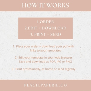 May include: A pink and white graphic with the text "HOW IT WORKS" in black. The graphic explains the steps to order, edit, and print a digital template. The steps are: 1. Order, 2. Edit + Download, 3. Print + Send. The graphic also includes a description of each step. The graphic ends with the text "PEACH.PAPERIE.CO" in black.