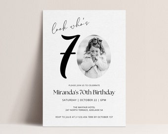 70th Birthday Invitation TEMPLATE, Look Who's 70, Photo Birthday Invite with Photo, Editable Template, Black and White 70th, Male or Female