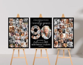 90th Birthday Photo Collage Poster Bundle TEMPLATE Set, Celebrating 90 Years, Party Welcome Sign, Picture Board, Montage Display, C1