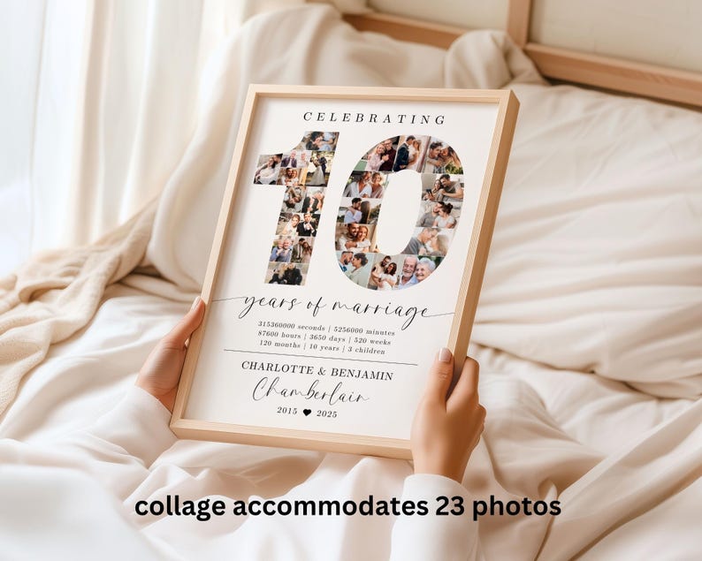 10th Wedding Anniversary Photo Collage TEMPLATE, 10 Years of Marriage Printable Gift Idea, Photo Collage Poster, Gift for Husband or Wife image 4