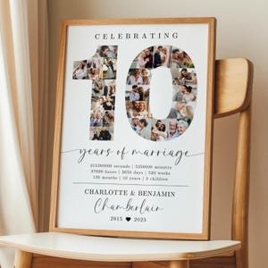 10th Wedding Anniversary Photo Collage TEMPLATE, 10 Years of Marriage Printable Gift Idea, Photo Collage Poster, Gift for Husband or Wife image 1