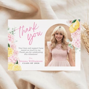May include: A personalized thank you card with a photo of a woman in a pink dress. The card features the words "Thank You" in pink script, along with a message and the name "Sienna Williamson, Class of 2026."