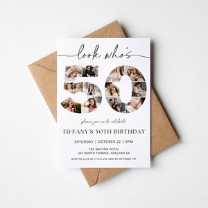 50th Birthday Invitation TEMPLATE with photo collage, Look Who's 50, Fiftieth Party Stationery, Black and White Minimalist, Modern Invite