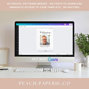 May include: A computer screen displaying a funeral collage template on Canva. The template is a black and white design with a photo of a man and the text "Celebrating the Life of Jason Patrick". The text "Edit with Canva" is displayed below the template.