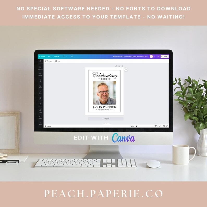 May include: A computer screen displaying a funeral collage template on Canva. The template is a black and white design with a photo of a man and the text "Celebrating the Life of Jason Patrick". The text "Edit with Canva" is displayed below the template.