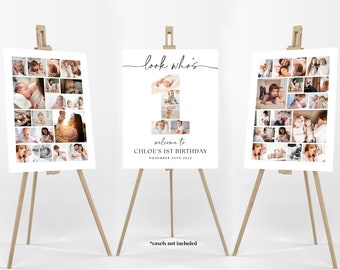 1st Birthday Photo Collage Poster TEMPLATES, Look who's 1, First Birthday Photo Collage Board DIY , Montage Display Bundle for baby child