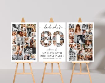 May include: Three white signs with black text and photos. The centre sign says "look who's 80" with a collage of photos forming the number 80. The left and right signs have collages of photos. The centre sign also says "welcome to Maria's 80th Birthday Party".