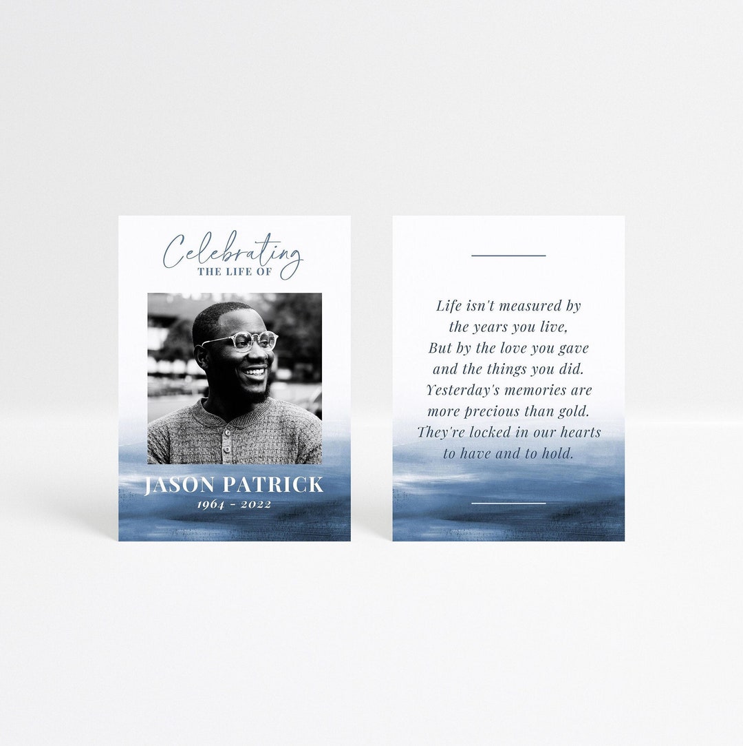 Blue Memorial Card Template for Man, Funeral Favors, Printable Prayer