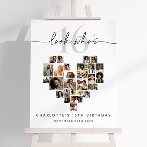16th Birthday Photo Collage TEMPLATE, Look Who's 16, Heart Collage, Customizable Photo Board, Sweet 16 Birthday Decorations, Self-Edit