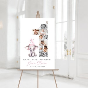 1st Birthday Welcome Sign TEMPLATE, Elephant and Mouse, First Birthday Photo Collage Poster Gift, Party Decor Ideas