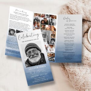 Blue Tri-fold Funeral Program TEMPLATE for Fisherman, Celebration of Life Order of Service for Men, Ocean Memorial Program Obituary, F8