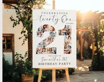 21st Birthday Photo Collage TEMPLATE, Celebrating 21 Years, Party Welcome Sign, Photo Montage Display Poster, Canva Template, C1
