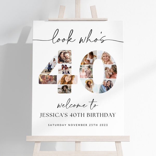 40th Birthday Welcome Sign TEMPLATE, Look Who's 40, Customizable Photo Collage Board, Photo Montage Display Poster, Digital Download DIY