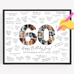 60th Birthday Photo Collage Poster TEMPLATE with room for signatures, Customizable Photo Collage Board Sixty, Photo Display Custom Gift