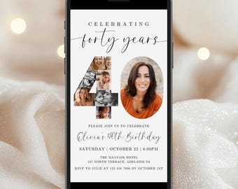 40th Birthday Digital Party Invitation TEMPLATE with Photo Collage, Birthday Party Evite, Celebrating Forty Years, Phone Invite