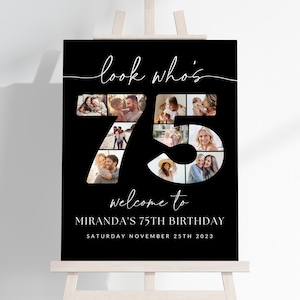 Black 75th Birthday Photo Collage TEMPLATE, Look Who&#39;s 75, Customizable Collage Board, Seventy Five Montage Display Poster, Digital Download