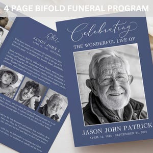 Celebration of Life Blue Funeral Program TEMPLATE, Order of Service for Male, Minimalist Celebration of Life Booklet, Memorial Obituary, F11