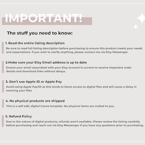 K&ouml;nnte beinhalten: Eine rosa und wei&szlig;e Grafik mit dem Text "WICHTIG!" und einer Liste von f&uuml;nf wichtigen Dingen, die Sie beim Kauf digitaler Produkte auf Etsy beachten sollten. Die Liste enth&auml;lt Informationen zum Lesen der Produktbeschreibung, zur Sicherstellung, dass Ihre Etsy-E-Mail-Adresse aktuell ist, zur Vermeidung von Apple Pay, zur Best&auml;tigung, dass keine physischen Produkte versandt werden, und zur R&uuml;ckerstattungsrichtlinie.