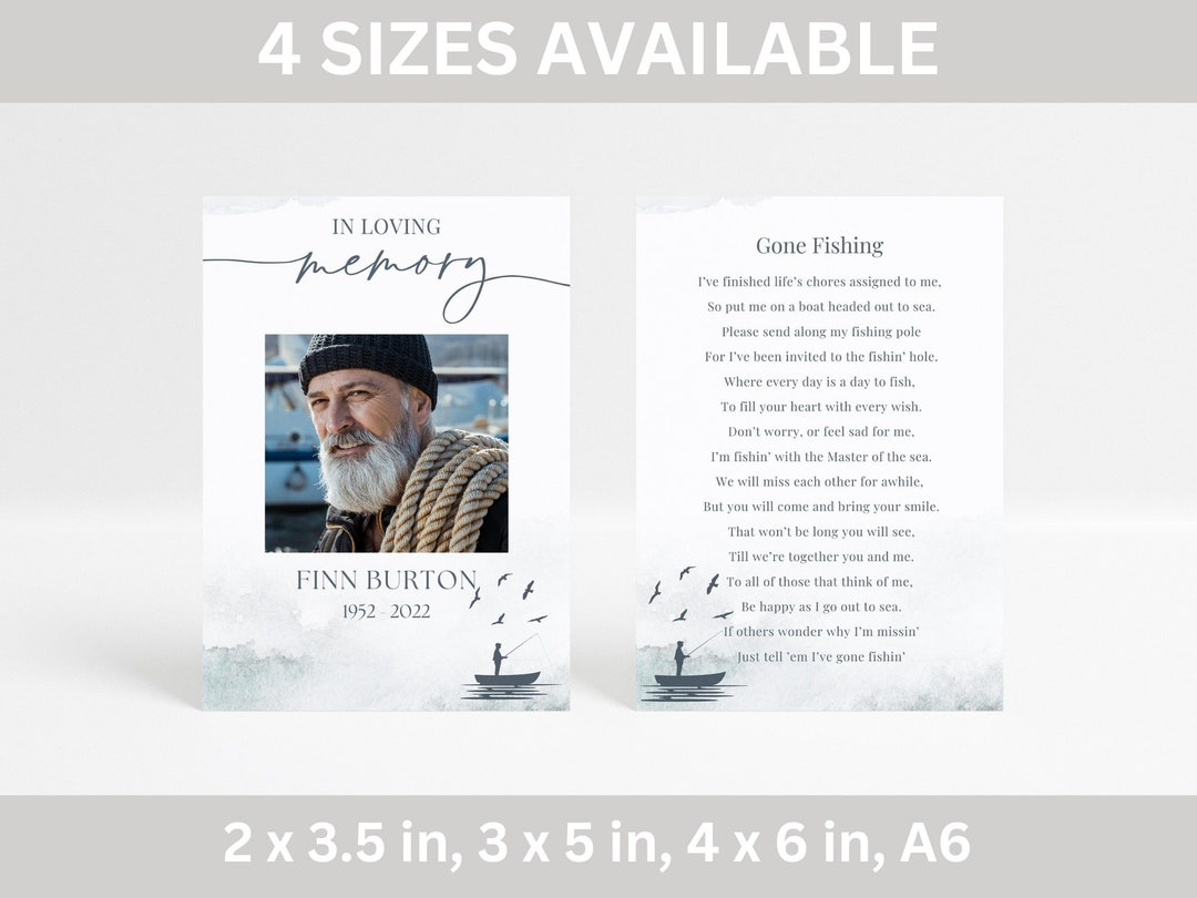 Fisherman Memorial Card Template for Men, Gone Fishing Poem Prayer Card