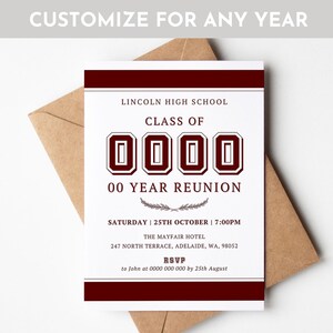 May include: A maroon and white invitation for a high school reunion. The invitation says "Lincoln High School Class of 0000 00 Year Reunion" and includes the date and time of the event.