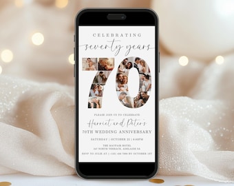 70th Wedding Anniversary Digital Party Invitation TEMPLATE with Photo Collage, Anniversary Dinner Evite, Celebrating 70 Years, Phone Invite