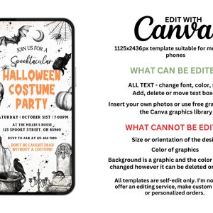May include: A Halloween Costume Party invitation on a smartphone screen. The design features spooky illustrations of a bat, spiderweb, skull, black cat, and pumpkin. Text includes event details and the phrase "Don't be caught dead without a costume!"