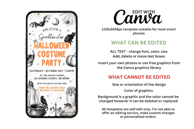 May include: A Halloween Costume Party invitation on a smartphone screen. The design features spooky illustrations of a bat, spiderweb, skull, black cat, and pumpkin. Text includes event details and the phrase "Don't be caught dead without a costume!"
