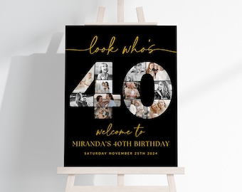 40th Birthday Photo Collage TEMPLATE, Look Who's 40, Black Gold, Customizable Collage Board, Montage Display Poster, Digital Download