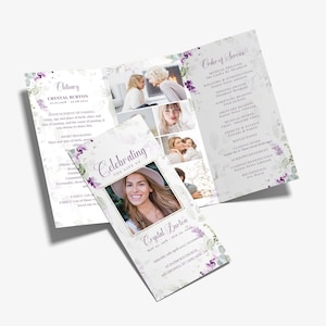 Lavender Trifold Funeral Program TEMPLATE, Purple Celebration of Life Order of Service, Foldable Memorial, Printable Obituary Card