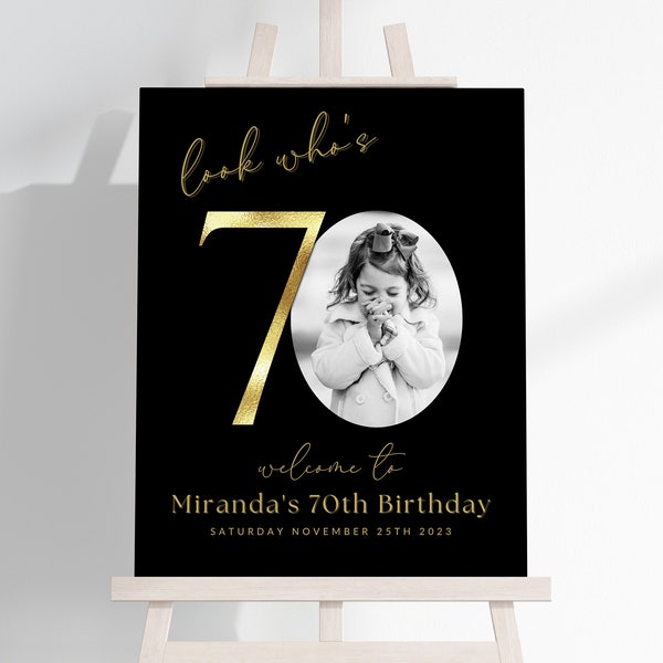 Black and Gold 70th Birthday Photo Collage TEMPLATE Black, Look Who's 70, Customizable Photo Montage Display Poster, Seventy Milestone