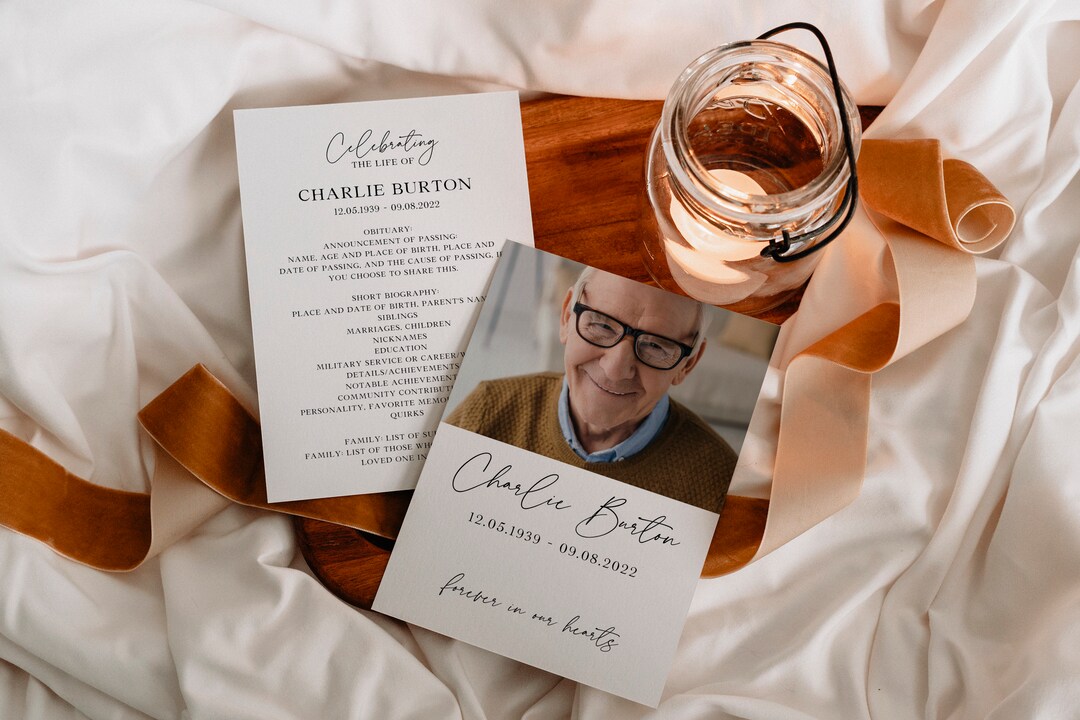 Minimalist Obituary Card Template, Funeral Favors, Printable Prayer