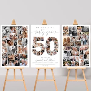 May include: Two white poster boards with black frames on easels. The left and right boards have a collage of photos in a grid pattern. The centre board has a large number 50 made of photos and the text "Celebrating fifty years" and "Welcome to Harriet and Peter's 50th Wedding Anniversary Party 08.17.23".