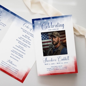 4 Page Bifold Funeral Program TEMPLATE American Flag for Veteran, Patriotic Celebration of Life Order of Service, Memorial Program Obituary