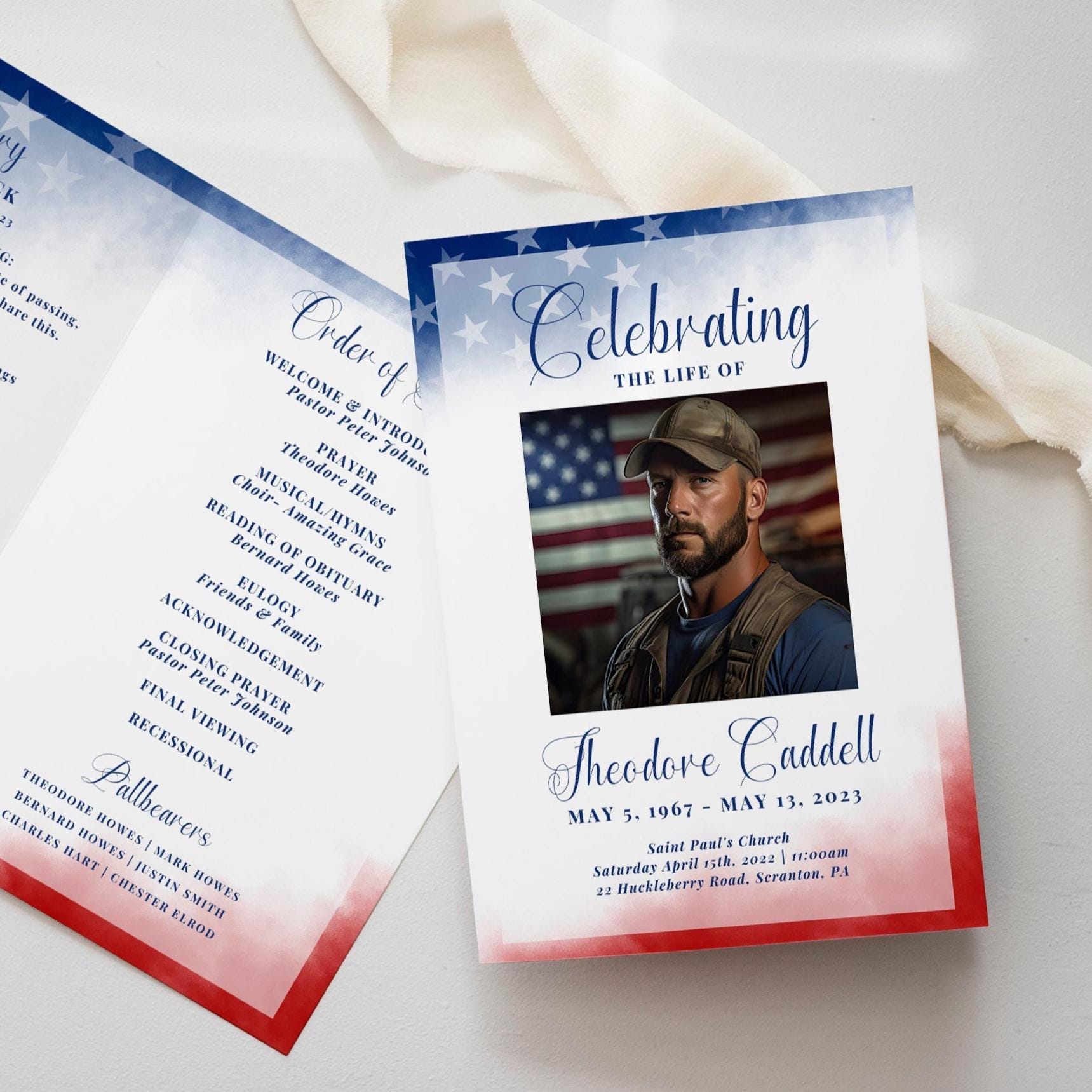 4 Page Bifold Funeral Program TEMPLATE American Flag for Veteran, Patriotic Celebration of Life Order of Service, Memorial Program Obituary