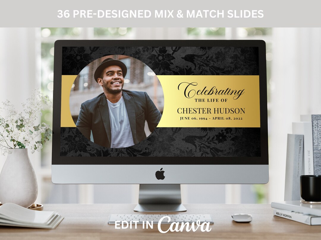 Black and Gold Funeral Slideshow TEMPLATE, Celebration of Life Photo Slideshow, Memorial Video
