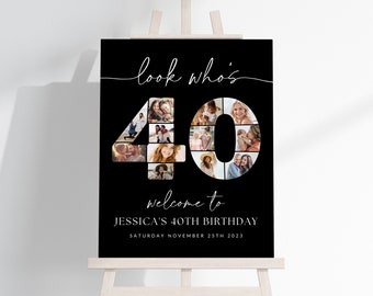 Black 40th Birthday Photo Collage TEMPLATE, Look Who's 40, Customizable Photo Collage Board, Montage Display Poster, Digital Download DIY