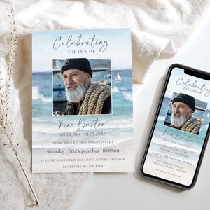 Funeral Announcement Electronic TEMPLATE for fisherman, Beach Ocean Celebration of Life Invitation, Sailboat Funeral Evite for Men