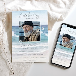 May include: A blue and white watercolor invitation with a photo of a man in a blue shirt and a black hat. The invitation reads "Celebrating the life of Finn Burton 08.08.1964 01.05.2022 Please join us in honoring Finn's life Saturday 17th September 11:00am St Patrick's Church 268 Grote Street, Adelaide Reception to follow"