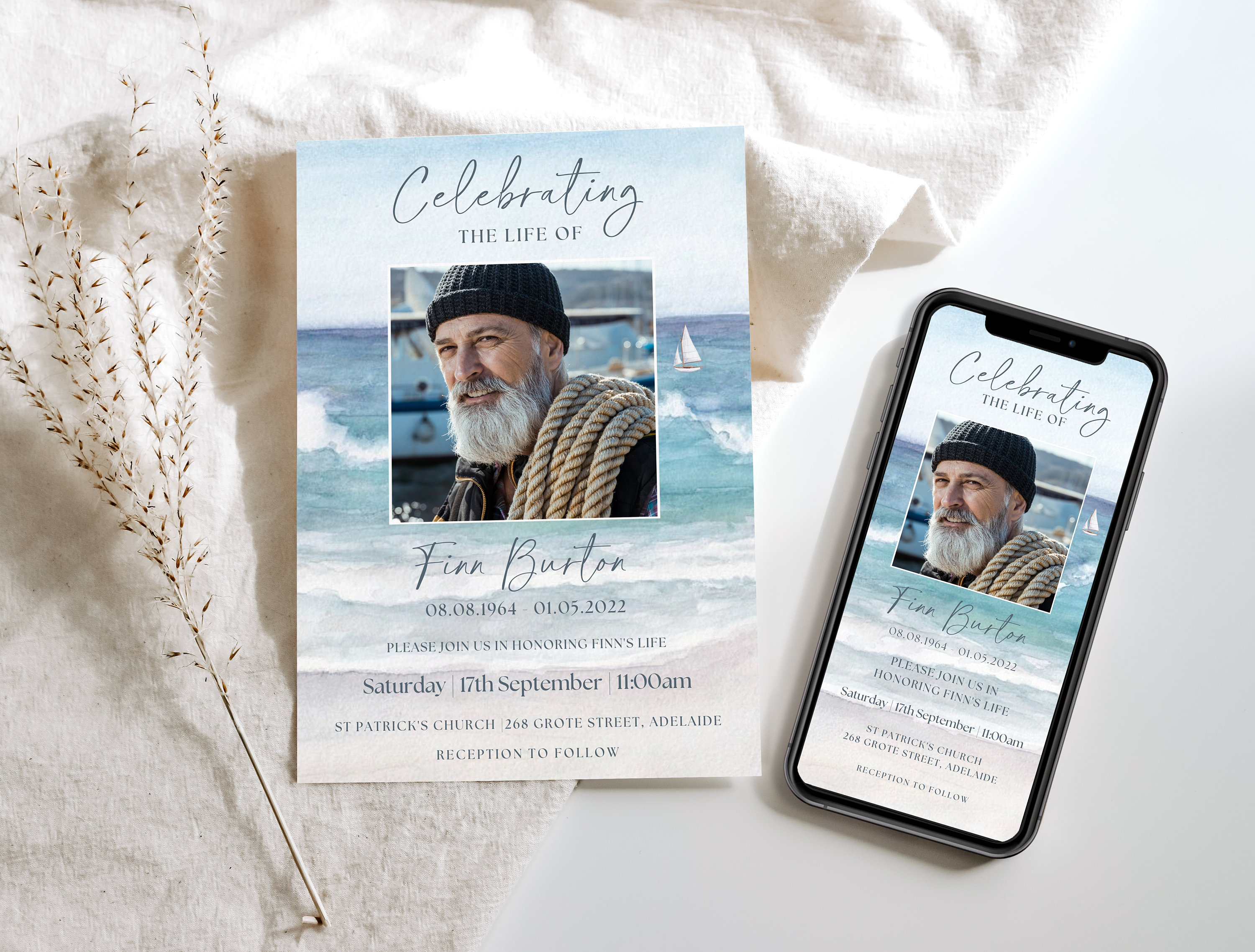 Funeral Announcement Electronic TEMPLATE for fisherman, Beach Ocean Celebration of Life Invitation, Sailboat Funeral Evite for Men