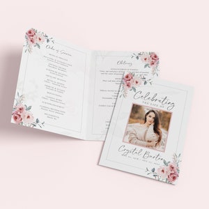 Celebration of Life Bifold Funeral Program TEMPLATE, Pink Rose Order of Service for Female, Memorial Obituary Booklet for Woman