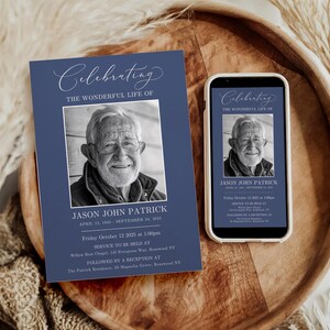 May include: A navy blue memorial card and a smartphone showing a similar design. Both display a black and white photo of a man, with text reading "Celebrating The Wonderful Life Of Jason John Patrick".