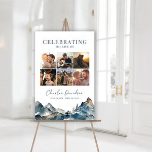 Celebration of Life Funeral Sign Template with Mountains, Masculine Memorial Sign for Man, Funeral Collage Poster for Male
