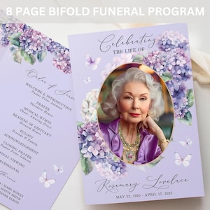 8 Page Bifold Funeral Program TEMPLATE, Purple Flowers with Butterflies, Celebration of Life Order of Service, Memorial Program Obituary, F1