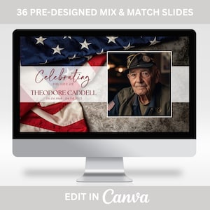 Funeral Photo Slideshow Template for Veteran, Military Memorial Video Template, Patriotic Celebration of Life, American Flag, Red White Blue