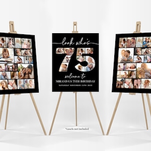 Black 75th Birthday Photo Collage Poster Bundle TEMPLATE, Look who&#39;s 75, Customizable Photo Collage Board, Montage Display Digital Download