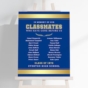Class Reunion Memorial Poster TEMPLATE to Honor Deceased Classmate, School Reunion, Blue Gold Memorial Poster Display, Remembrance Board