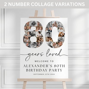 80 Years Loved Birthday Photo Collage Poster TEMPLATE, 80th Birthday Welcome Sign, Customizable Number Collage Board, Party Decor Ideas