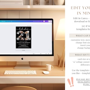 May include: Editable 21st birthday invitation template in Canva. The invitation features a black background with a large number 21 made of photos. The text "Look what's" is written in a cursive font above the number 21. The text "The Ann's 21st Birthday" is written below the number 21. The invitation is available in 5x7 and 6x8 sizes.